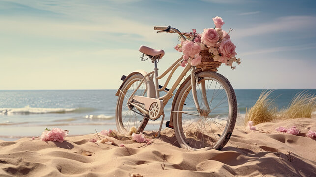 vintage bike on the beach with flowers. pastel tone