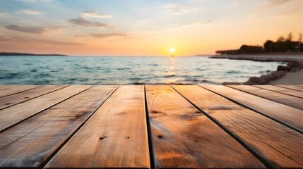 Fototapeta na wymiar Peaceful sunset view from wooden boardwalk by the beach
