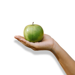 Sample of a healthy and balanced diet holding an apple in hand, transparent background and shadow