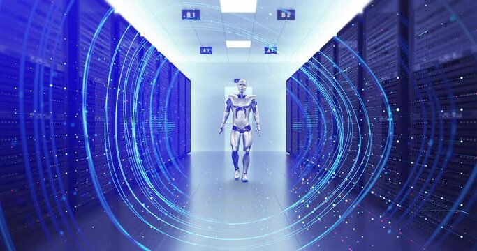 High Tech Futuristic AI Robot Confidently Walking In A Server Room. Technology Related 3D Animation.