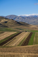 Fototapeta na wymiar Rural landscape with fields and mountains, Armenia