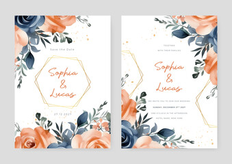 Peach and blue rose beautiful wedding invitation card template set with flowers and floral