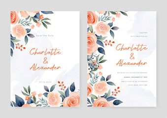 Peach and blue rose floral wedding invitation card template set with flowers frame decoration