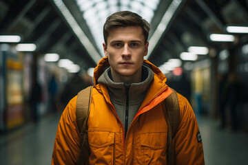 Fototapeta premium Confident man standing in subway station generative AI technology