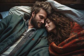 Generative ai picture of happy people sweet couple enjoying weekend honeymoon in bed - obrazy, fototapety, plakaty