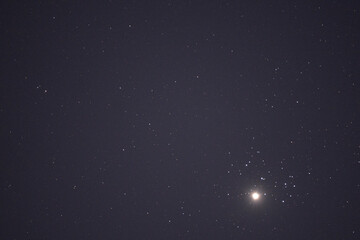 The planet Venus in the starry night sky in conjunction with the Pleiades Constellation. The group...