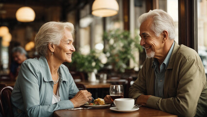 Happy senior couple sitting at restaurant or cafe and looking at each other. Romantic dinner on Valentine's day - obrazy, fototapety, plakaty