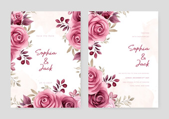 Pink and red rose set of wedding invitation template with shapes and flower floral border
