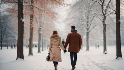 Fototapeta na wymiar Beautiful young couple walking in a winter park, snow, happiness, romance. Valentines day concept