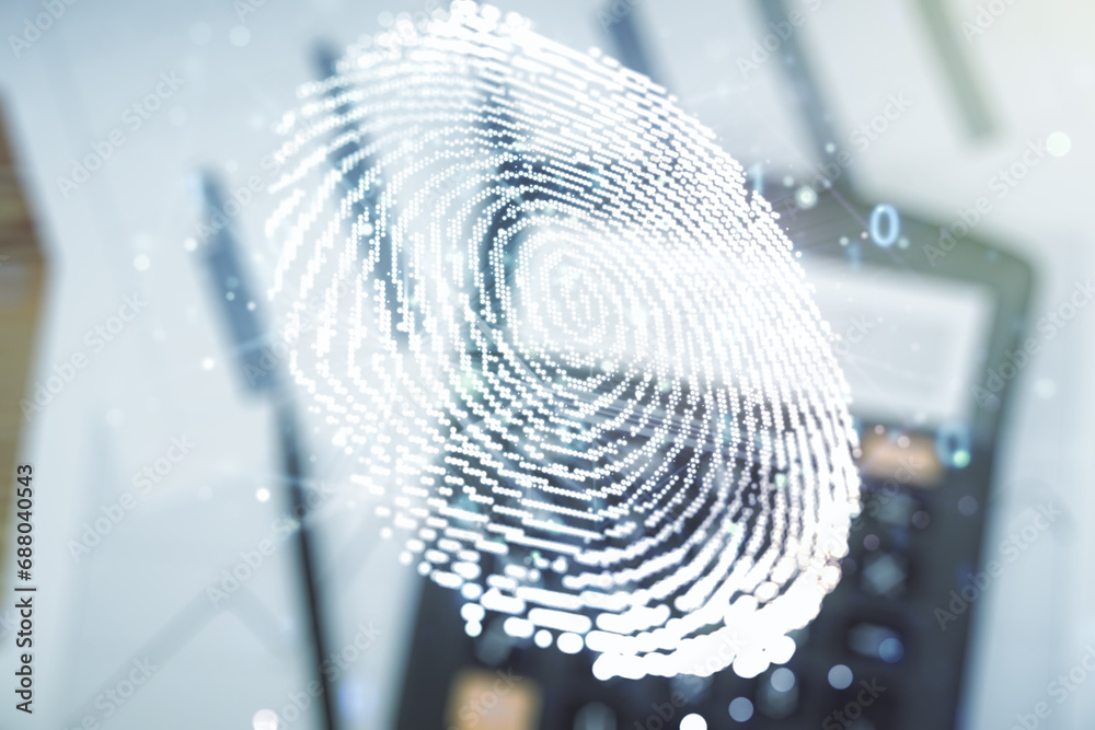 Poster Multi exposure of virtual abstract fingerprint illustration on calculator background, digital access concept