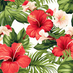 Tropical red and cream hibiscus flowers in a seamless pattern with dense greenery are ideal created with Generative AI technology