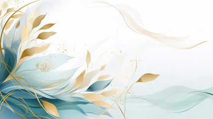 Fototapeta na wymiar Abstract art background vector. Luxury minimal style wallpaper with golden line art flower and botanical leaves, Organic shapes, Watercolor. generative ai 