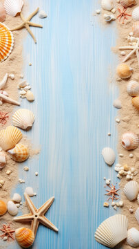 Top view flat summer banner with sea shells and sand frame on rustic wooden table with summer decorations and free space for text created with Generative AI technology