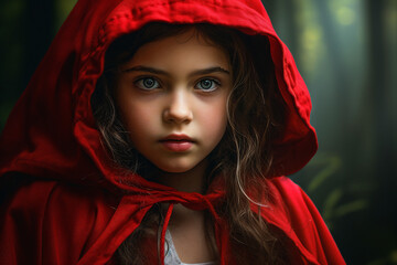 Generative ai portrait of cute adorable girl dressed in red coat walking alone in forest
