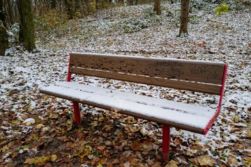 bench in winter  park with a little bit snow