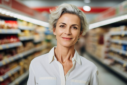 Generative AI picture of adorable woman choose products in a grocery store supermarket