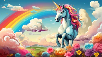 Tuinposter Cute unicorn with rainbow in the sky illustration. Cartoon style. © korkut82