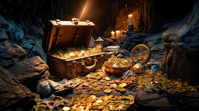 Treasure chest with gold coins and precious stones on a stone background