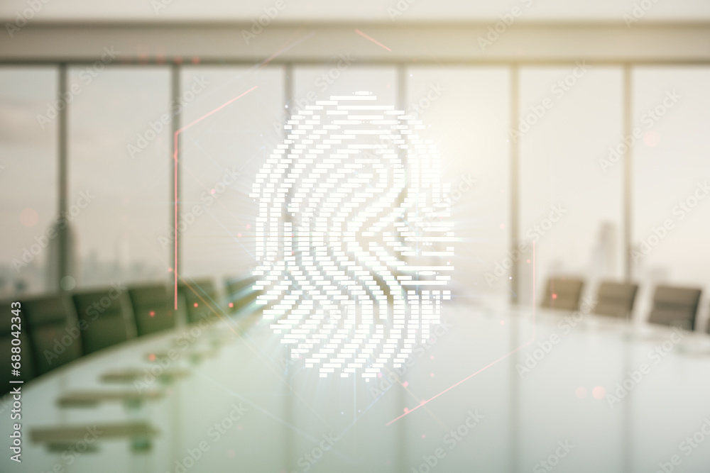 Poster multi exposure of virtual fingerprint scan interface on a modern furnished office interior backgroun
