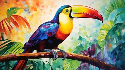 a colorful portrayal of a toucan, its vibrant beak and exotic appearance depicted in striking colors on a pristine white canvas, symbolizing the diversity of tropical birds.