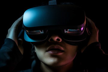 Youngster watching 3d object in virtual world fun cheerful vr glasses goggles generative ai