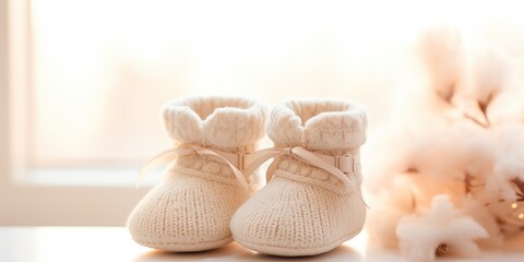 Fototapeta na wymiar Soft pastel booties hint at the gentle joy and warmth of a newborn's arrival.