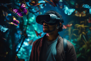 Youngster watching 3d object in virtual world fun cheerful vr glasses goggles generative ai