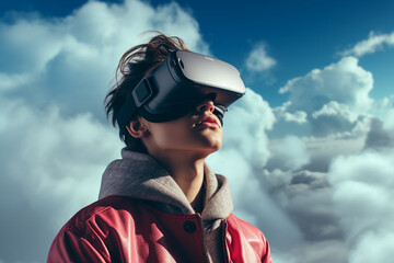 Youngster watching 3d object in virtual world fun cheerful vr glasses goggles generative ai