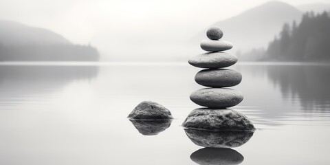 Balanced stones in a tranquil lake setting, symbolizing peace and mindfulness.