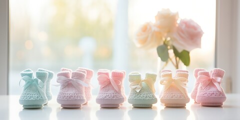 Soft pastel booties hint at the gentle joy and warmth of a newborn's arrival.