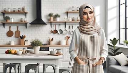 Happy Muslim woman standing in the kitchen wearing an apron and a headscarf