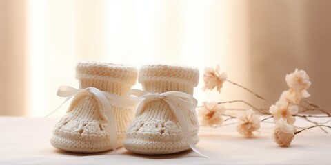 Fototapeta na wymiar Soft pastel booties hint at the gentle joy and warmth of a newborn's arrival.