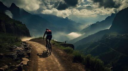Obraz premium An adventurous mountain biker is riding his bike on an extreme rocky dirt road with dramatic views of the surrounding mountains