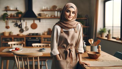 Happy Muslim woman standing in the kitchen wearing an apron and a headscarf