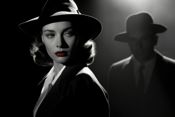 Woman wearing a hat and a coat characterized as a classic detective or gangster look. Femme fatale....