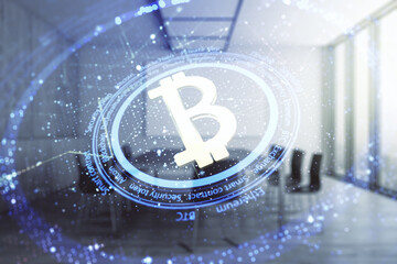 Double exposure of creative Bitcoin symbol hologram on a modern meeting room background. Cryptocurrency concept