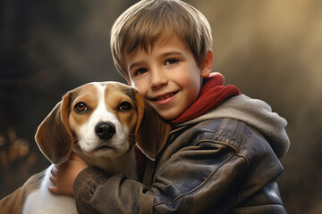 Image of boy hugging beagle dog showing friendship. Pet. People and pets.