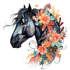 A painting a black horse head with colorful tropical flowers. Wildlife Animals.
