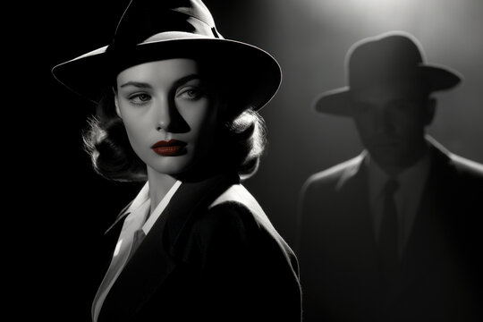 Woman wearing a hat and a coat characterized as a classic detective or gangster look. Femme fatale. Noir movie, portrait of 40s detective.