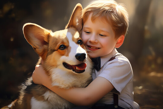 Image of boy hugging welsh corgi dog showing friendship. Pet. People and pets.
