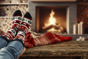 Woman legs with warm winter socks. Home interior with fireplace and empty space for your...