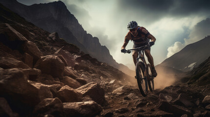 An adventurous mountain biker is riding his bike on an extreme rocky dirt road with dramatic views of the surrounding mountains created with Generative AI technology