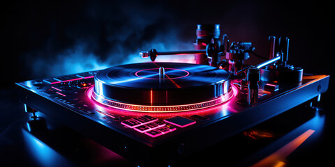 Neon lights cast a glow on a turntable, ready for a night of electrifying music.