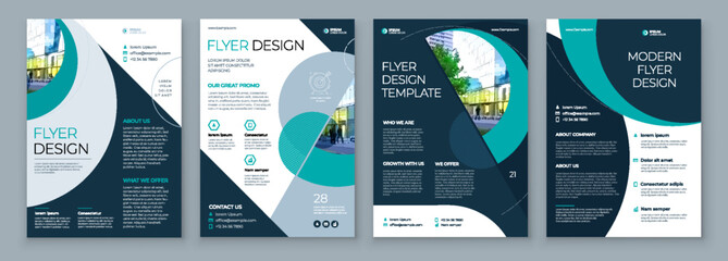 Flyer Template Layout Design Set Corporate Business Annual Report Catalog Magazine Brochure Mockup Creative Modern Bright Concept Circle Round Teal Shape - obrazy, fototapety, plakaty