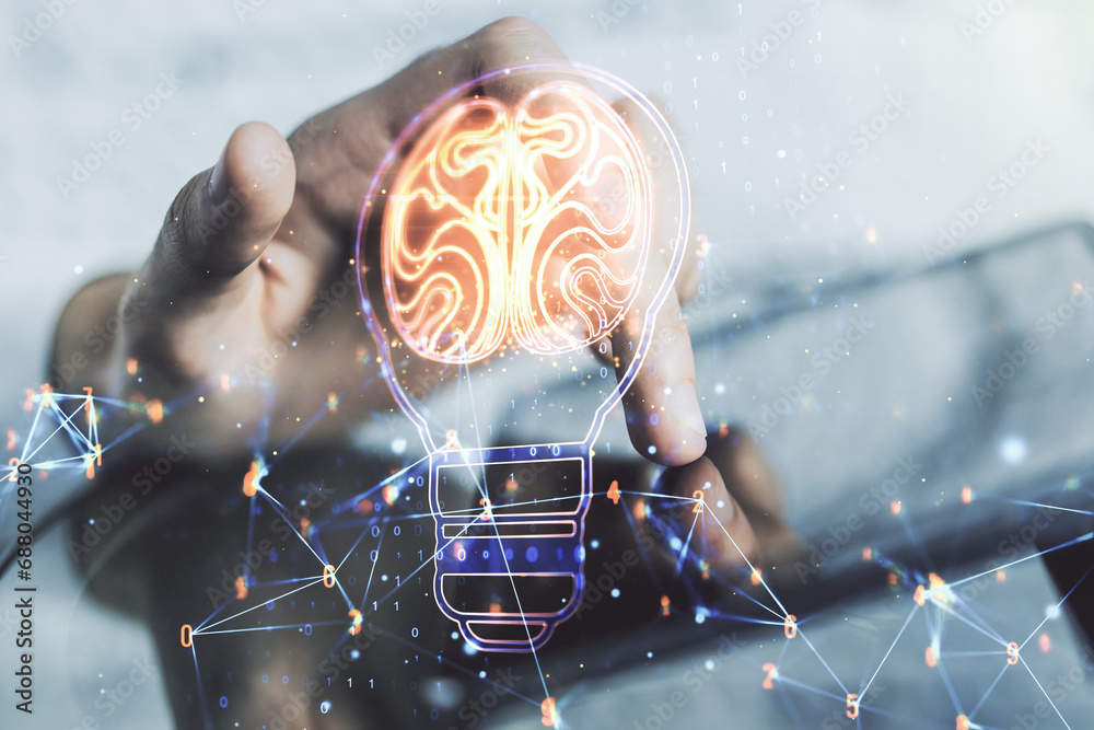 Poster double exposure of creative light bulb hologram with human brain and with finger clicks on a digital