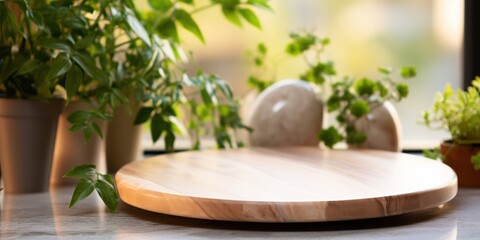 Empty wooden round board on a marble countertop with plants in the background.