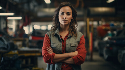 Confident beautiful woman engineer standing and working at work place garage, AI Generated