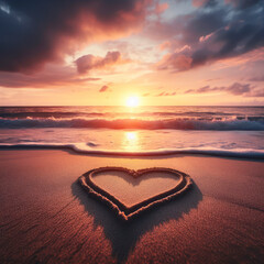 A heart in the sand on the beach with the sunset and ocean in the background. Valentine's day concept. ai generative