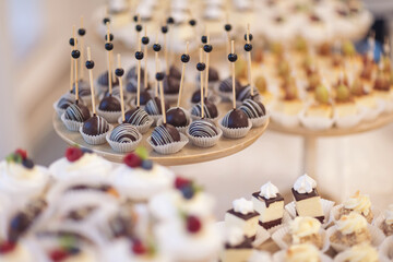 Closeup view photography of many small souffle cakes served on plate on table for cocktail party or...