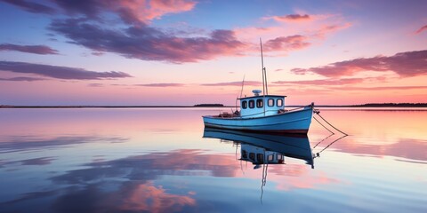 Boat floats in calm waters under a dramatic sunset sky.